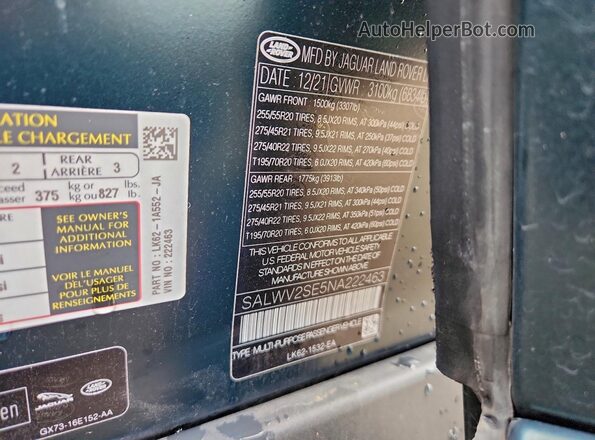 SALWV2SE5NA222463 2022 LAND ROVER RANGE Зеленый Вид подкапотного пространства