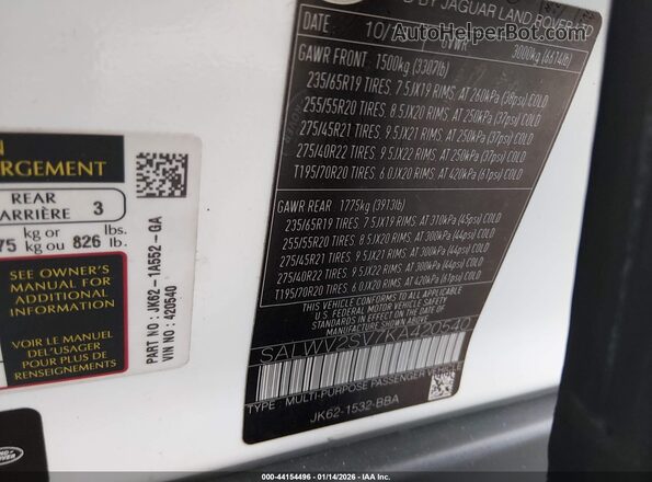 SALWV2SV7KA420540 2019 LAND ROVER RANGE ROVER SPORT Белый Вид подкапотного пространства