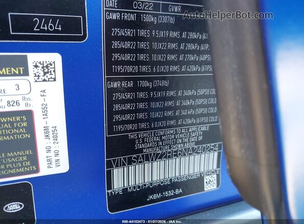 SALWZ2RE6NA240254 2022 LAND ROVER RANGE ROVER SPORT Blue Widok komory silnika