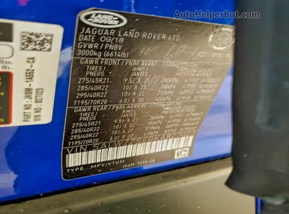 SALWZ2SE0KA827023 2019 LAND ROVER RANGE Blue Vista de la etiqueta del VIN