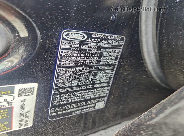 SALYB2EX9LA287179 2020 LAND ROVER RANGE Черный Вид наклейки с VIN-кодом