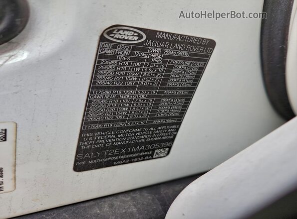 SALYT2EX1MA305396 2021 LAND ROVER RANGE Белый Вид подкапотного пространства