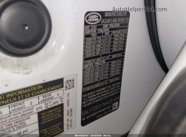 SALYT2EX1NA331966 2022 LAND ROVER RANGE ROVER VELAR White Widok komory silnika