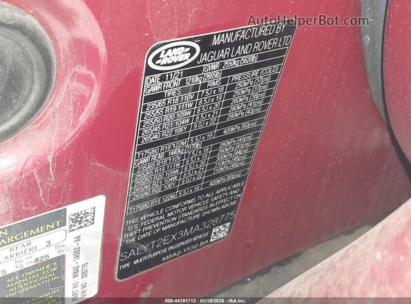 SALYT2EX3MA328775 2021 LAND ROVER RANGE ROVER VELAR Красный Вид подкапотного пространства