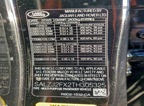 SALZJ2FX2TH305325 2026 LAND ROVER RANGE Black Вид наклейки з VIN-кодом