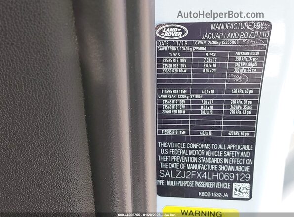SALZJ2FX4LH069129 2020 LAND ROVER RANGE ROVER EVOQUE White Widok komory silnika