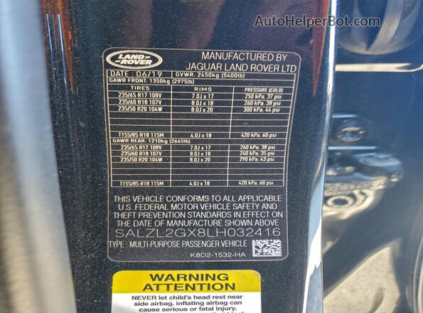 SALZL2GX8LH032416 2020 LAND ROVER RANGE Черный Вид наклейки с VIN-кодом