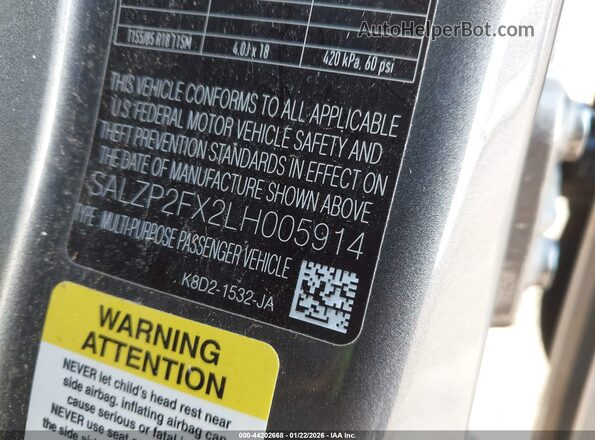 SALZP2FX2LH005914 2020 LAND ROVER RANGE ROVER EVOQUE Gray Vista del compartimento del motor