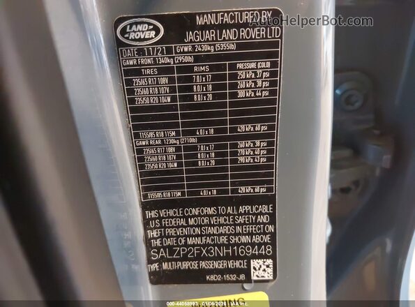 SALZP2FX3NH169448 2022 LAND ROVER RANGE ROVER EVOQUE Gray ძრავის განყოფილების ხედი