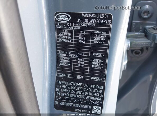 SALZT2FX7MH133451 2021 LAND ROVER RANGE ROVER EVOQUE Gray Vista del compartimento del motor