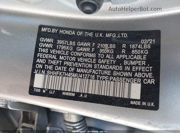 SHHFK7H45MU412716 2021 HONDA CIVIC Серебряный Вид подкапотного пространства