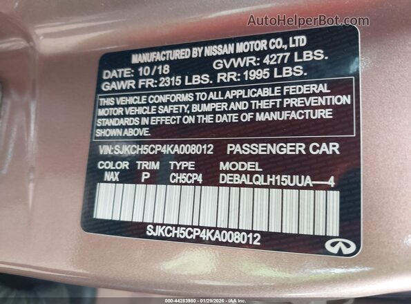 SJKCH5CP4KA008012 2019 INFINITI QX30 Pink Vista del compartimento del motor