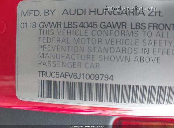 TRUC5AFV6J1009794 2018 AUDI TT Красный Вид подкапотного пространства