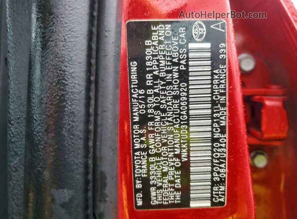 VNKKTUD31GA069920 2016 TOYOTA YARIS Красный Вид подкапотного пространства
