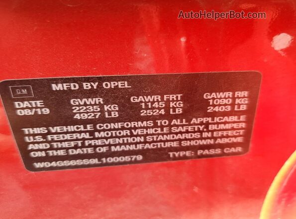W04GS6SS9L1000579 2020 BUICK REGAL Красный Вид наклейки с VIN-кодом