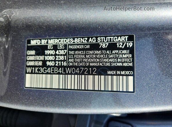 W1K3G4EB4LW047212 2020 MERCEDES-BENZ A Gray Widok komory silnika