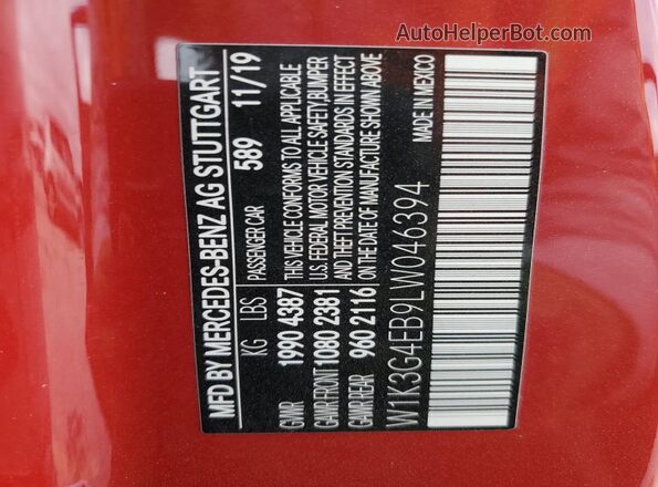W1K3G4EB9LW046394 2020 MERCEDES-BENZ A Red Widok komory silnika