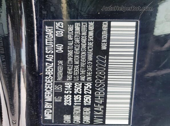 W1KAF4HB6SR280222 2025 MERCEDES-BENZ C Черный Вид наклейки с VIN-кодом