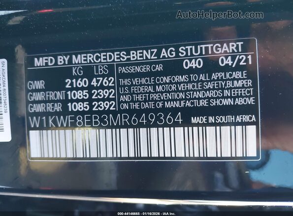 W1KWF8EB3MR649364 2021 MERCEDES-BENZ C-CLASS Black Vista del compartimento del motor