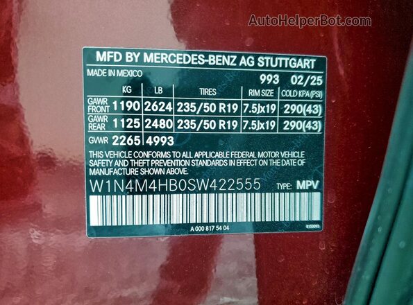 W1N4M4HB0SW422555 2025 MERCEDES-BENZ GLB-CLASS Красный Вид наклейки с VIN-кодом