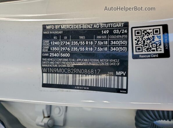 W1N9M0CB2RN086817 2024 MERCEDES-BENZ EQB Белый Вид наклейки с VIN-кодом