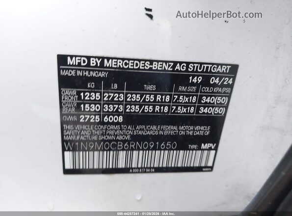 W1N9M0CB6RN091650 2024 MERCEDES-BENZ EQB 250 SUV White Vista del compartimento del motor