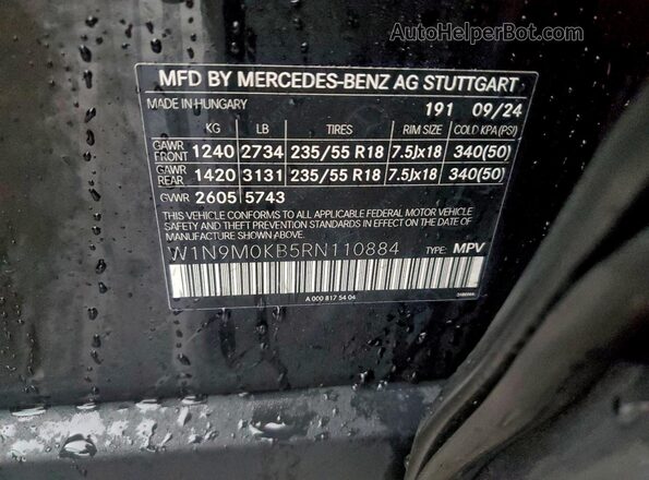 W1N9M0KB5RN110884 2024 MERCEDES-BENZ EQB Черный Вид наклейки с VIN-кодом