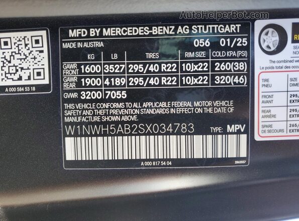 W1NWH5AB2SX034783 2025 MERCEDES-BENZ G-CLASS Черный Вид наклейки с VIN-кодом