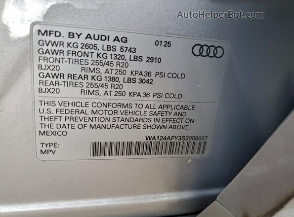 WA124AFY3S2058007 2025 AUDI SQ5 Серебряный Вид наклейки с VIN-кодом