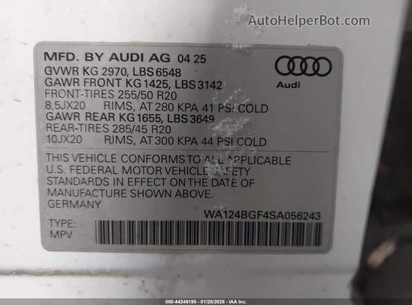 WA124BGF4SA056243 2025 AUDI Q6 E-TRON White Вид підкапотного простору