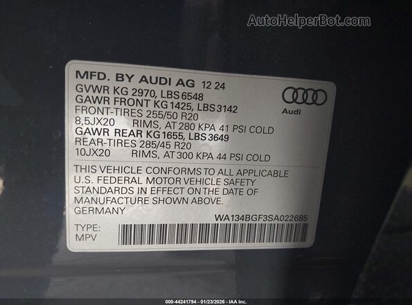 WA134BGF3SA022685 2025 AUDI Q6 E-TRON Серый Вид подкапотного пространства