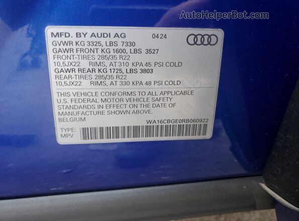 WA16CBGE0RB060922 2024 AUDI SQ8 Синий Вид наклейки с VIN-кодом