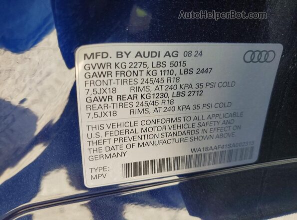 WA18AAF41SA002315 2025 AUDI OTHER Синий Вид наклейки с VIN-кодом