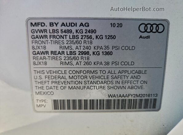 WA1AAAFY2M2016113 2021 AUDI Q5 White Engine compartment view