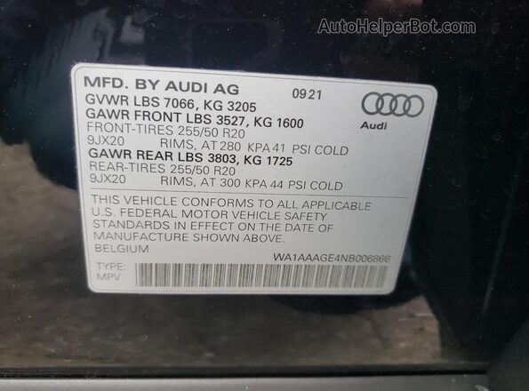 WA1AAAGE4NB006866 2022 AUDI E-TRON Black Vista interior de 360 grados