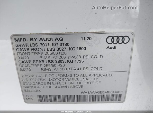 WA1AAAGE5MB014411 2021 AUDI E-TRON White ძრავის განყოფილების ხედი