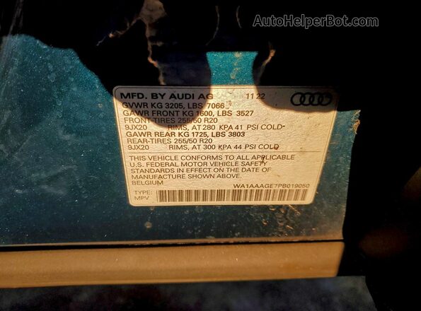 WA1AAAGE7PB019050 2023 AUDI E-TRON Teal Widok naklejki z numerem VIN