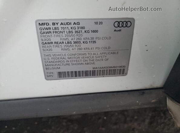 WA1AAAGE8MB010630 2021 AUDI E-TRON White VIN sticker view