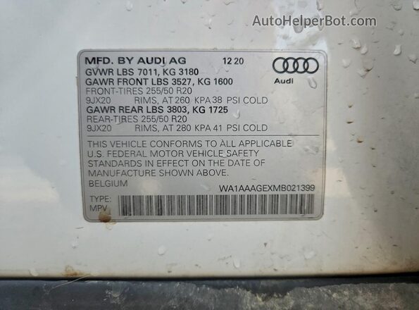 WA1AAAGEXMB021399 2021 AUDI E-TRON Белый Панорамный вид салона 360°