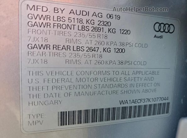WA1AECF37K1077044 2019 AUDI Q3 Серебряный Вид наклейки с VIN-кодом