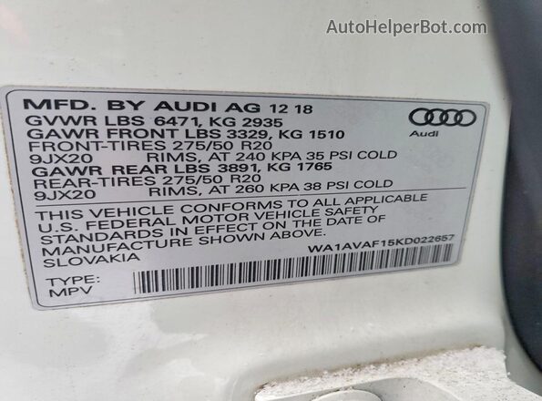 WA1AVAF15KD022657 2019 AUDI Q8 White Widok naklejki z numerem VIN