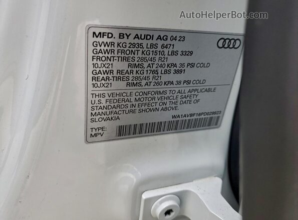 WA1AVBF16PD029923 2023 AUDI Q8 White VIN კოდის სტიკერის ხედი