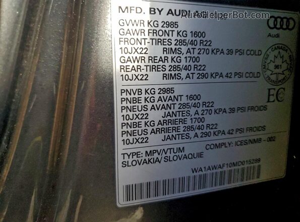 WA1AWAF10MD015289 2021 AUDI SQ8 Gray VIN sticker view