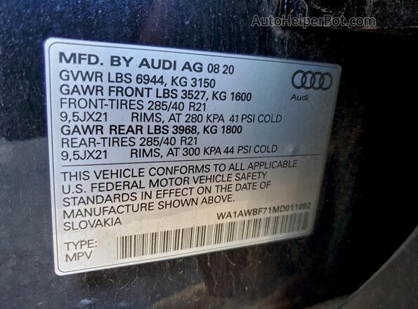 WA1AWBF71MD011892 2021 AUDI SQ7 Black Widok wnętrza 360 stopni
