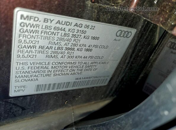 WA1AWBF79ND019210 2022 AUDI SQ7 Maroon Vista de la etiqueta del VIN