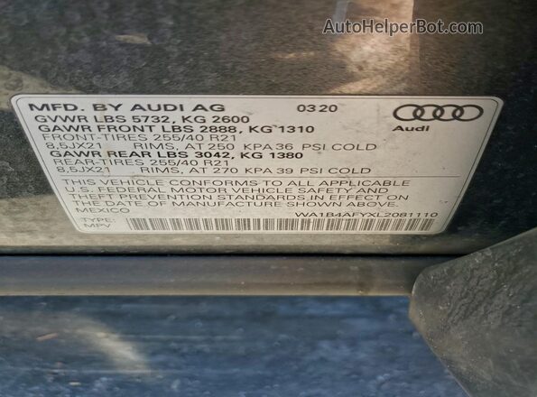 WA1B4AFYXL2081110 2020 AUDI SQ5 Gray Widok naklejki z numerem VIN