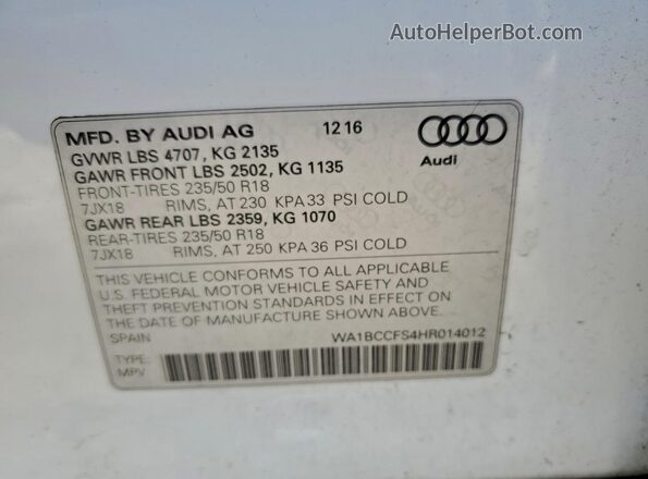 WA1BCCFS4HR014012 2017 AUDI Q3 White Widok naklejki z numerem VIN
