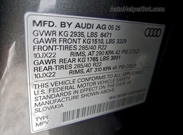 WA1BVBF1XSD039870 2025 AUDI Q8 Серый Вид наклейки с VIN-кодом