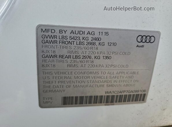 WA1C2AFP7GA088108 2016 AUDI Q5 White Vista de la etiqueta del VIN