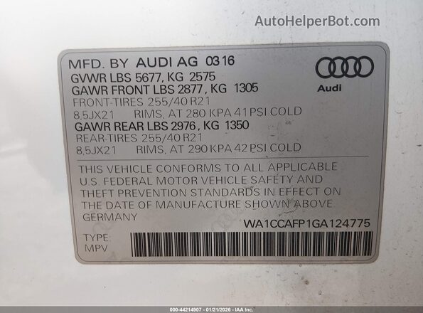 WA1CCAFP1GA124775 2016 AUDI SQ5 White Շարժիչի բաժամունքի տեսք